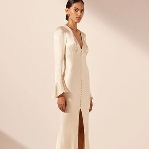 Shona Joy Cream Maxi Dress Pleated Bell Sleeve - La Lune Frill Cuff Bias Dress